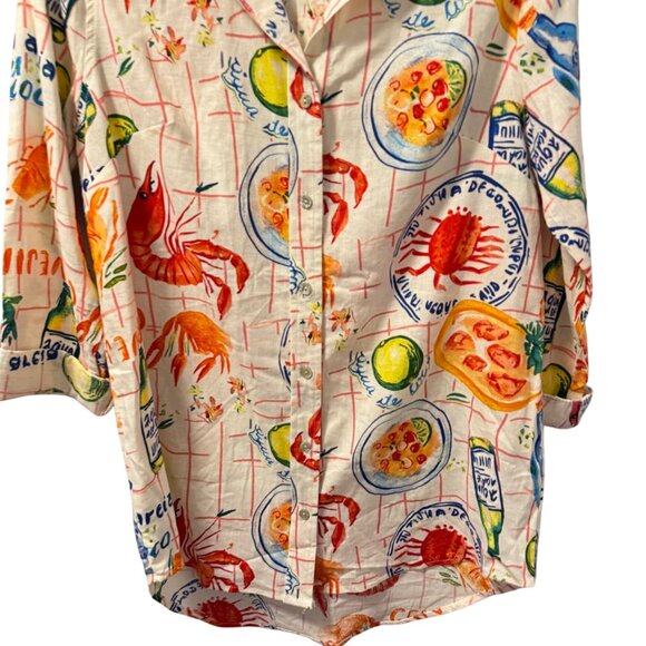 Calypso St. Barth Seafood Print Button-Up Shirt Sz L Linen & Rayon - Picture 8 of 12